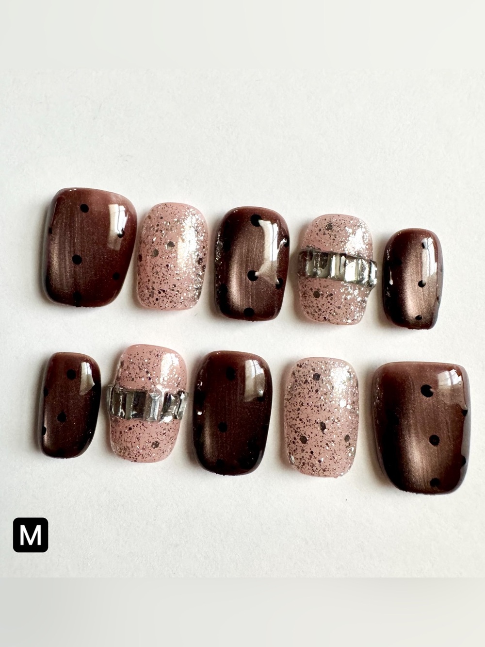 Brown & Nude Pink Cat Eye Finish Press On Nails
